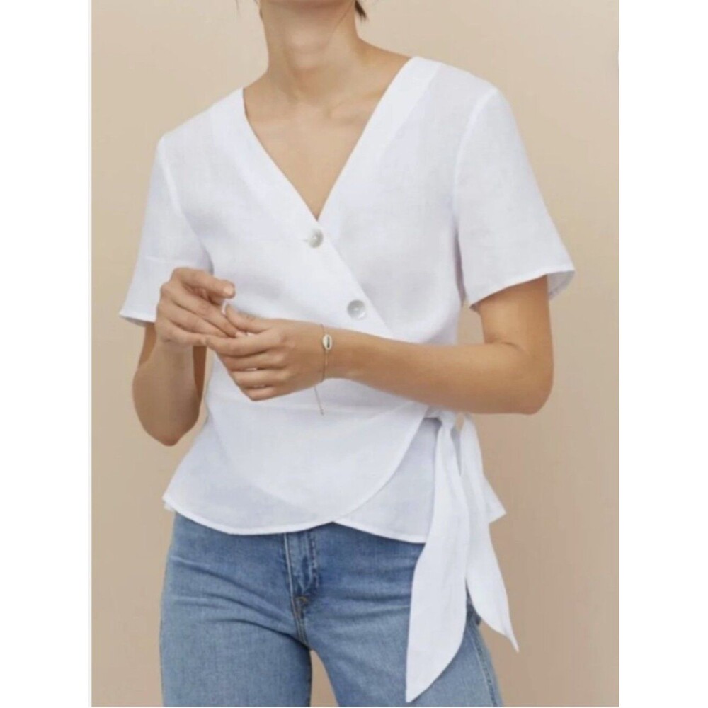 H&M Linen Peplum Wrap Blouse Women 10 White Tie Front Pearl Button Top 100% Line